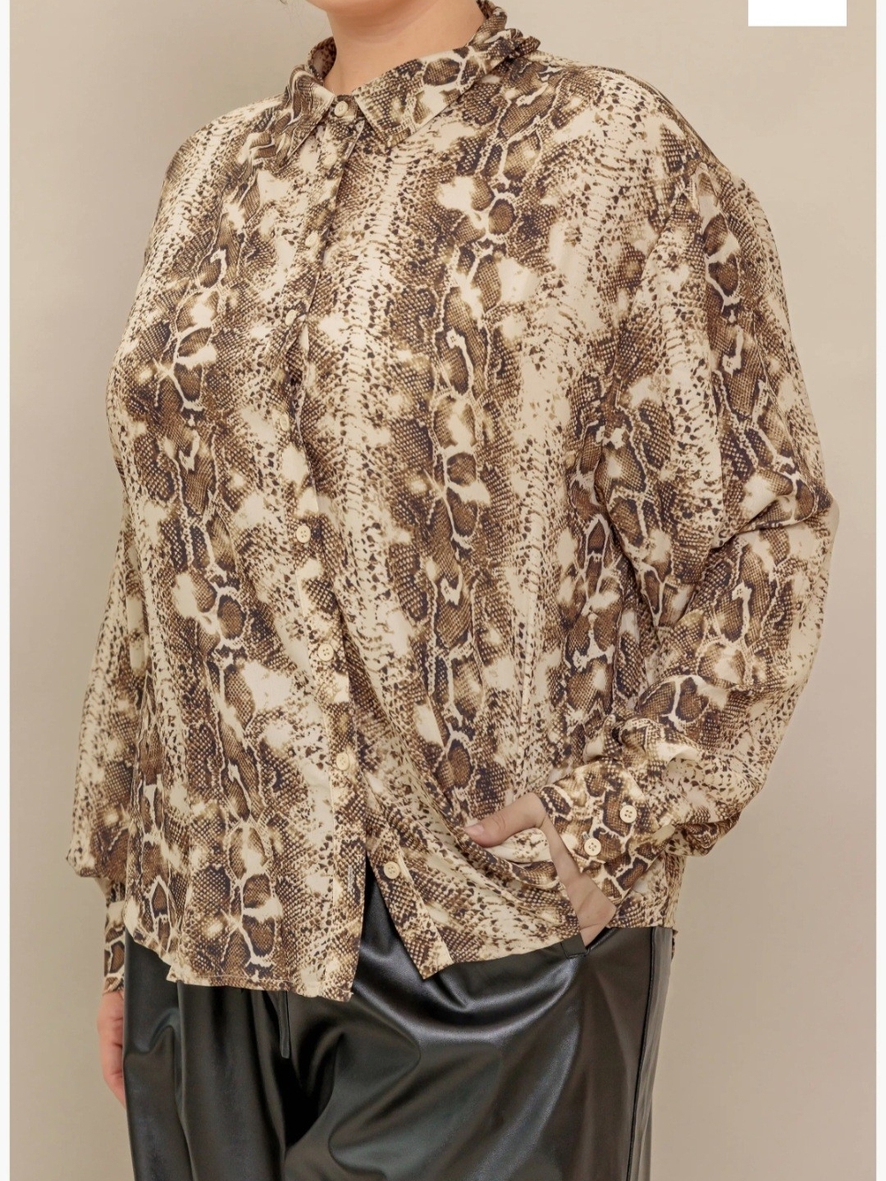Flying Tomato Snake-Print Button Front Blouse in Brown and Cream